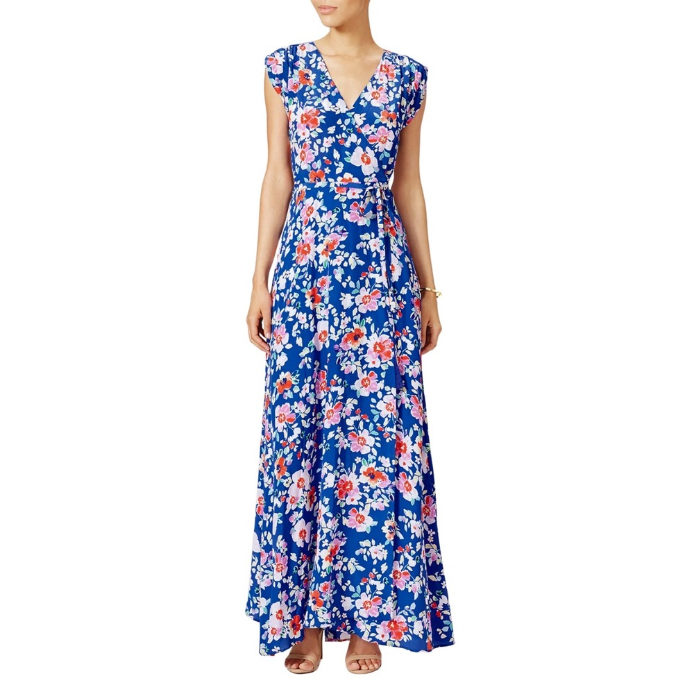 Yumi Kim Dress Womens Small‎ Blue Swept Away Floral Silk Wrap Maxi Wedding Guest